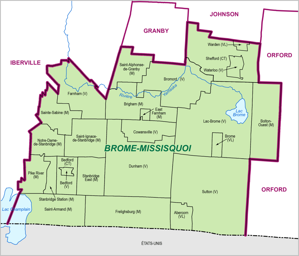 Carte présentant les municipalités de la circonscription provinciale de Brome-Missisquoi (tirée du site d'Élections Québec)